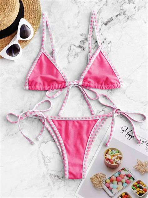 31 OFF 2020 ZAFUL Textured Whip Stitch String Bikini Swimsuit In HOT