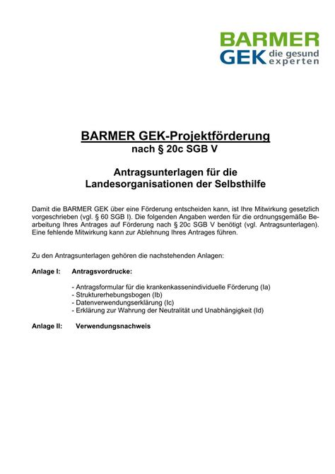 Antrag auf BARMER GEK â ProjektfÃrderung