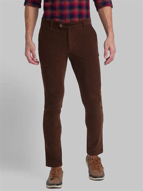 Men Brown Slim Fit Corduroy Cotton Blend Trouser Myraymond