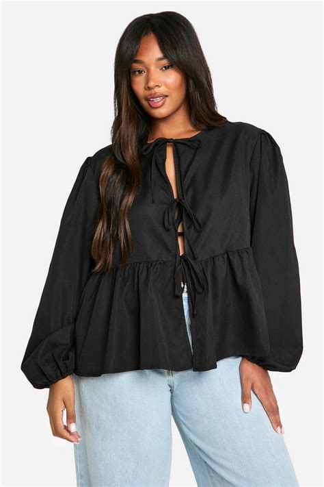 Plus Tie Front Long Sleeve Smock Top Boohoo Uk