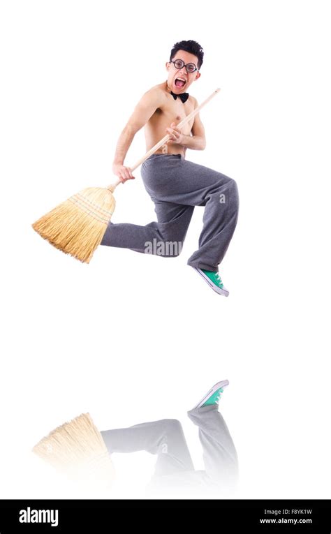 Funny Man With Broom On White Stock Photo Alamy