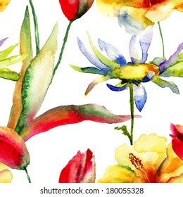 Watercolor Painting Tulips Lily Flowers Seamless Stock Illustration