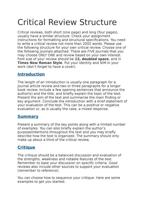 Critical Review Structure Critical Review Structure Critical Reviews Both Short One Page