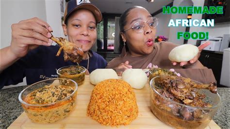 EATING HOMEMADE AFRICAN FOOD FUFU EGUSI SOUP JOLLOF RICE CHICKEN