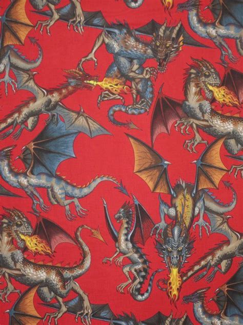 Fabulous Tale Of The Dragon Print On Red Pure Cotton Fabric Etsy