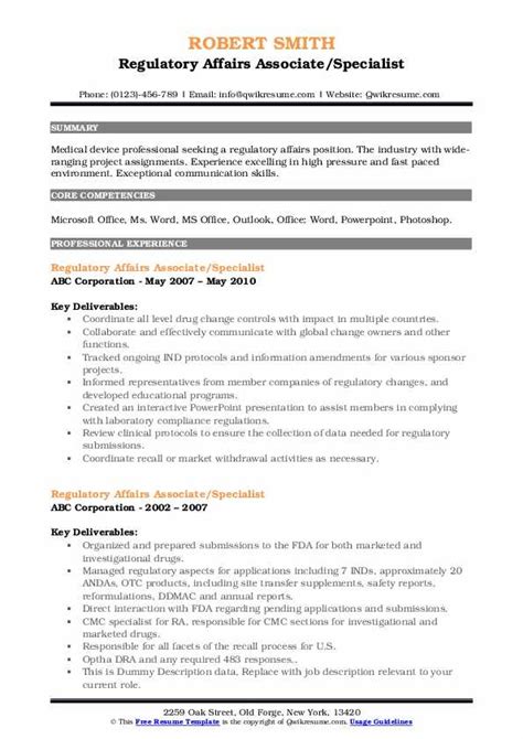 Regulatory Affairs Associate Resume Samples Qwikresume