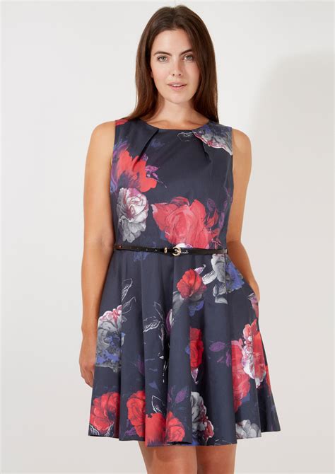 Closet London Curves Multi Floral Belted Flared Dress