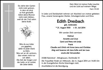 Traueranzeigen Von Edith Dresbach Wirtrauern