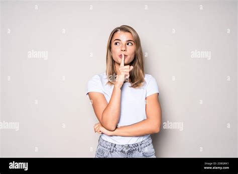 Secret Woman Female Showing Hand Silence Sign Isolated On White