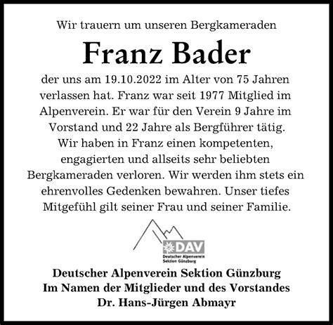 Traueranzeigen von Franz Bader Allgäuer Zeitung