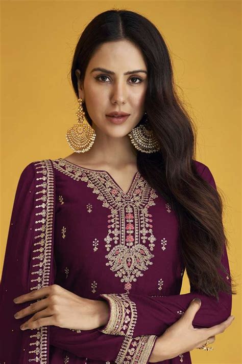 Sonam Bajwa Alluring Georgette Fabric Wine Color Festive Look Anarkali