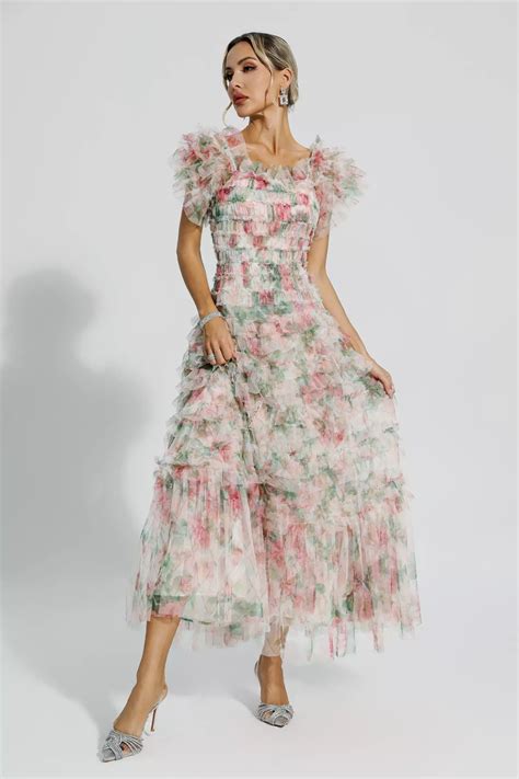 Nola Apricot Ruched Floral Maxi Dress