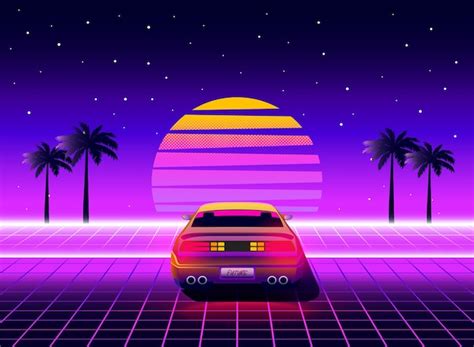 Vista traseira futurista retrô supercarro dos anos 80 em synthwave