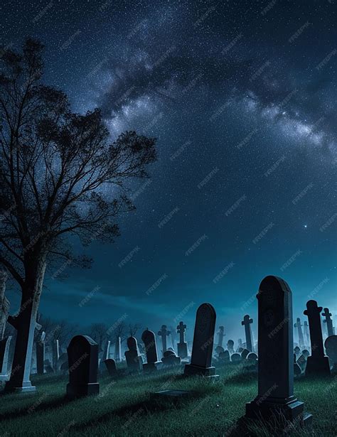 Premium Photo | Photo of a Spooky graveyard under starry night sky in the background