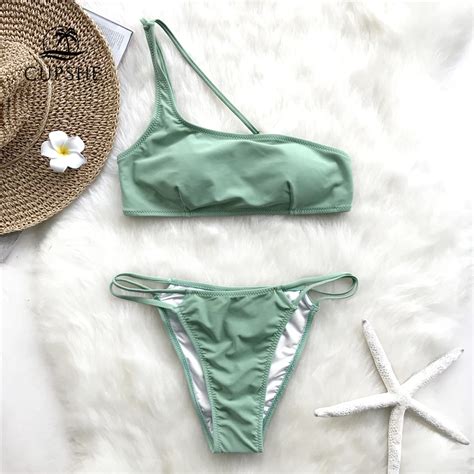 Aliexpress Buy Cupshe Green One Shoulder Thong Bikini Sets Women