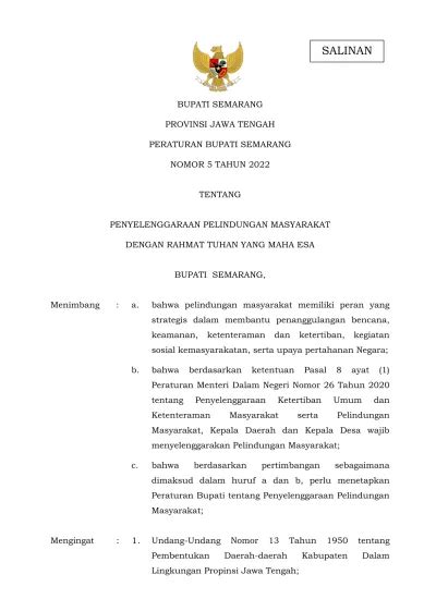 BUPATI SEMARANG PROVINSI JAWA TENGAH PERATURAN BUPATI SEMARANG NOMOR 5