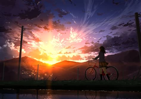 Bicycle Brown Hair Clouds Kneehighs Landscape Long Hair Mamigo Original