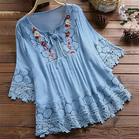 Womens Tops Plus Size Vintage Lace Patchwork Bow V Neck Three Quarter Blouses T Shirt Summer