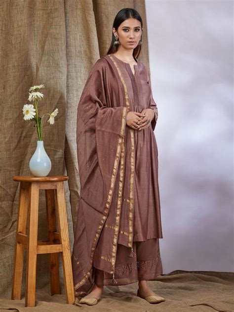 Brown Zari Embroidered Chanderi Silk Kurta With Rayon Modal Palazzo And