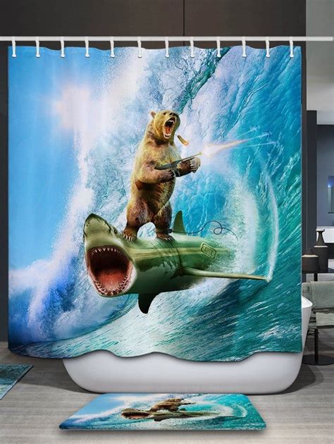 3d Shark Bear Firing Shower Curtain Shower Curtain Shark Printed