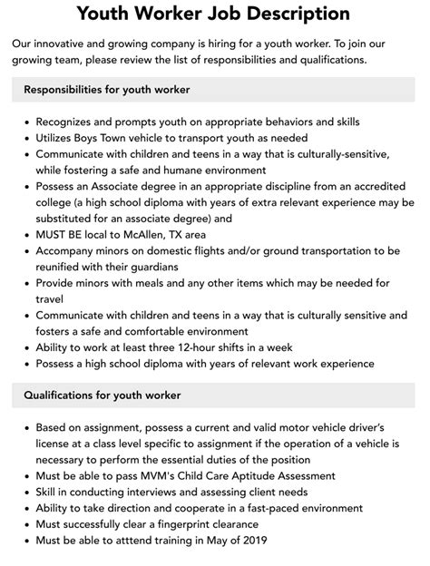 Youth Worker Job Description Velvet Jobs