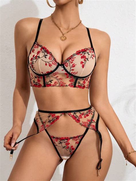 Bordado Floral Malha Fio Liga Conjunto De Lingerie Shein Brasil