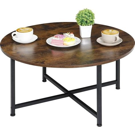 Modern Round Industrial Coffee Table With Rustic Brown Wood Top