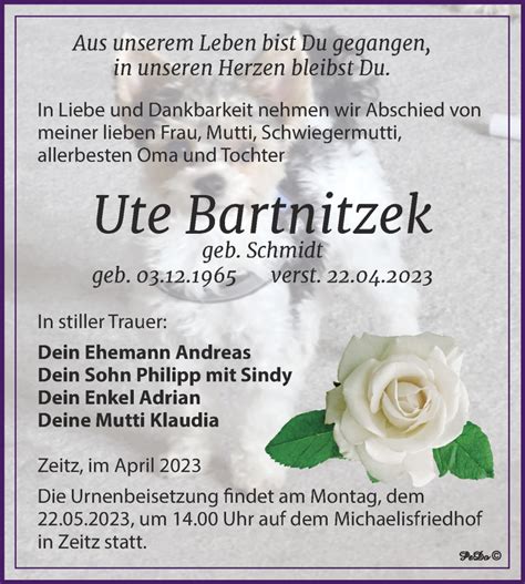 Traueranzeigen Von Ute Bartnitzek Abschied Nehmen De