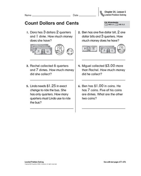 Count Dollars And Cents Worksheet For 2nd 3rd Grade Lesson Planet