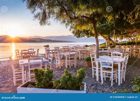 Lefkada Greece Nikiana Beach Taverna At Sunrise Stock Photo Image