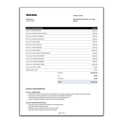 Printable Remodeling Estimate Template