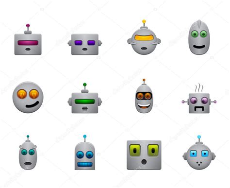 Divertido Retro Robots Sonrisas Conjunto Con Caras De Color Vector