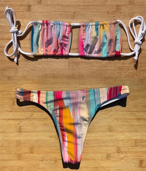 Swimwear Square Halter Tie Bikini Set Elegant Paint Strokes Thong