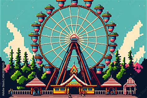 Pixel Art Amusement Park Background In Retro Style For 8 Bit Game