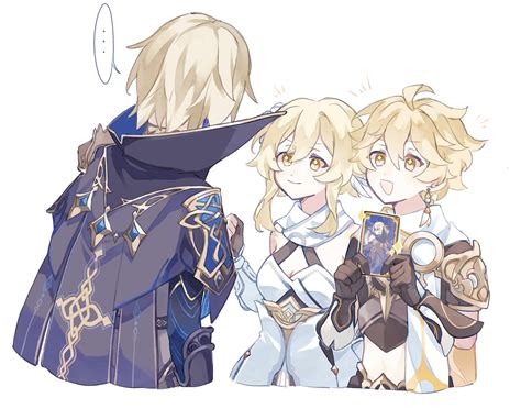 Safebooru 1girl 2boys D Aether Genshin Impact Ahoge Armor Blonde Hair Brown Gloves Cape