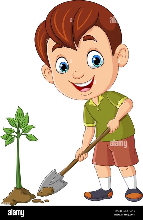 Dibujos animados lindo niño plantando una planta Imagen Vector de stock