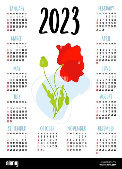 Calendario Para 2023 Con Hermosa Flor De Amapola Roja Ilustración