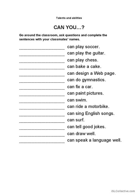 Talents and Abilities: English ESL worksheets pdf & doc