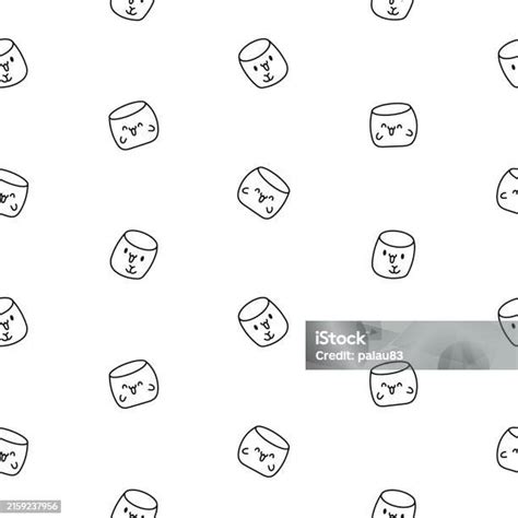 Kawaii Marshmallow Cute Face Character Seamless Pattern Coloring Page