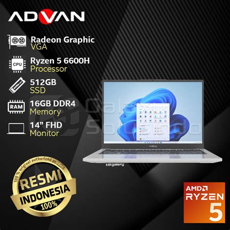 Jual Advan Workplus Ryzen 5 6600h 512gb Ssd 16gb Ram Silver Laptop