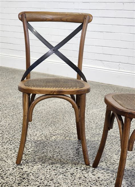 Lot Pair Of Elm Cross Back Dining Chairs With Rattan Seats In Aged