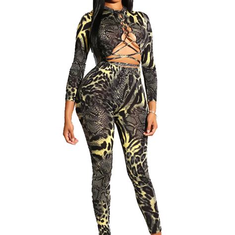 Jaycosin Bodysuit Velvet Women Sexy Lace Up Hollow Out Snake Print Long