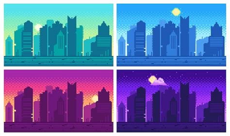 Premium Vector Pixel Art Cityscape Town Street 8 Bit City Landscape Night And Daytime Urban