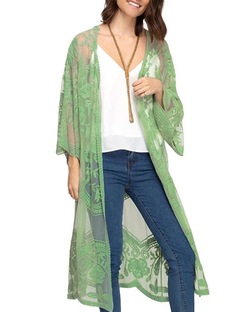 Bsubseach Women Swimsuit Cover Up Mesh Lace Kimono Cardigan Open Front