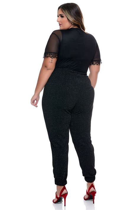 Calça Plus Size Jogger Brilho Preta Vk Moda Plus Size