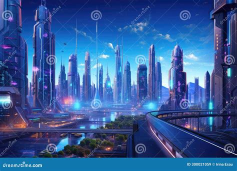 Nighttime Futuristic City with Bright Lights and Starry Sky Stock ...