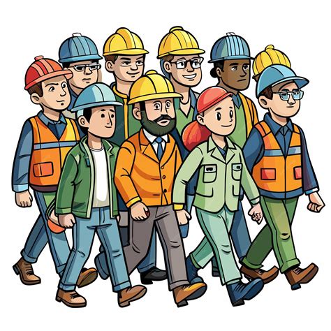 A group of cartoon construction workers walking in a line | Premium AI