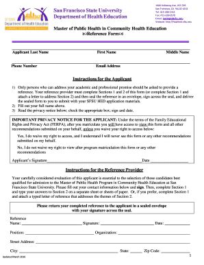 Fillable Online Healthed Sfsu Mph Application Reference Form