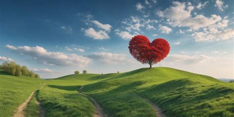 Red Heart Shaped Tree On Green Hill Stock Illustration Illustration