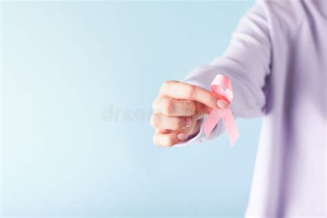 Pink Breast Cancer Awareness Ribbon Female Hands Holding Pink Ribbon